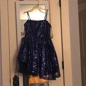 Blue sparkly dress with diagonal cut